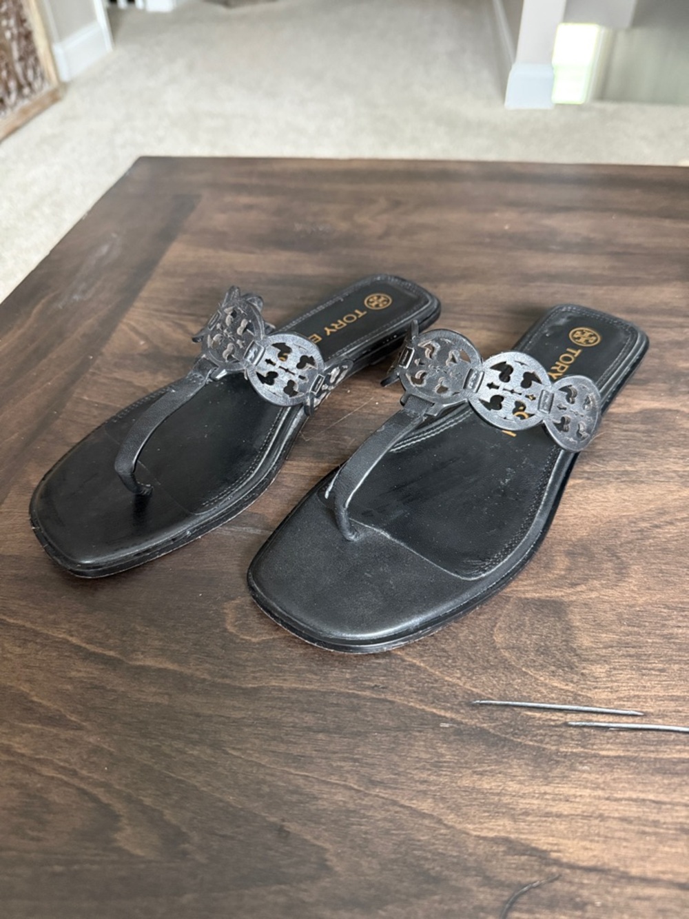 Tory Burch Black Leather Logo Thong Sandals